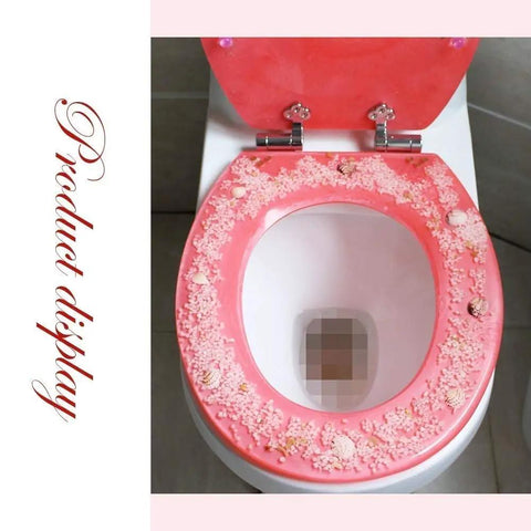 Heavy Duty Slow Close Toilet Seat Cover Top Shelf Crystal Resin U Shape with decorative pink floral design and rust proof hinges.