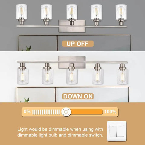 40 Inch Brushed Nickel Vanity Light Over Mirror Five Light Industrial Sconce Wall Lamp With Seeded Glass Shades For Bathroom