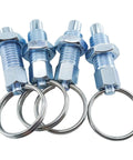 Heavy Duty Four Pack Carbon Steel Spring Plunger With Pull Ring M10x1.5 Retractable Indexing Pin close-up view with silver finish.