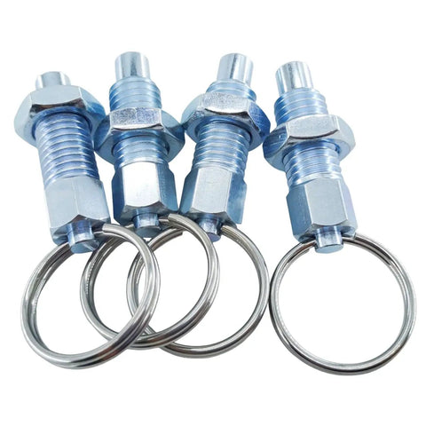 Heavy Duty Four Pack Carbon Steel Spring Plunger With Pull Ring M10x1.5 Retractable Indexing Pin close-up view with silver finish.