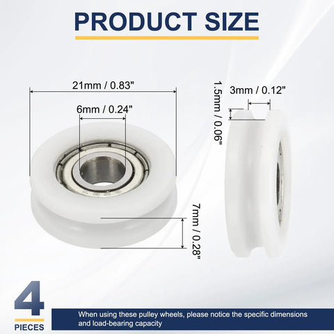 U Groove Ball Bearing Roller Featuring Top Tier Nylon Pulley Guide Wheel And Stainless Steel Track Wheel For Sliding Door Window Hardware Heavy Duty Smooth Operator Replacement White Pack Of Four, dimensions shown.