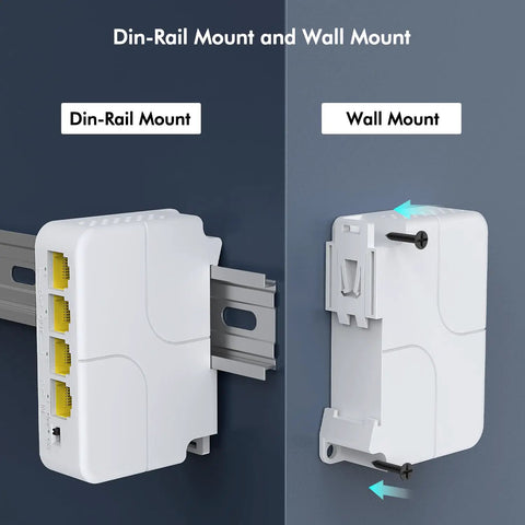 Four Port PoE Extender Gigabit Plug And Play Pass Through With Three PoE Outlets And One PoE In IEEE 802.3af At Support 1000Mbps Network Speed VLAN Ready Wall And DIN Rail Mount Passthrough Power Booster For IP Cameras NVRs And Other PoE Devices. Din-rail and wall mount views