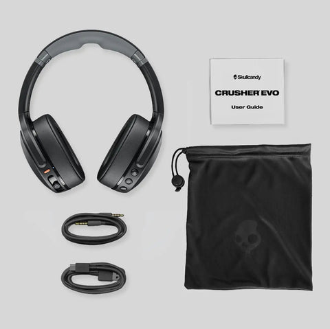 Crusher Evo Wireless Bluetooth Headphones With Dope Multi Sensory Bass, Noise Isolating Over Ear Fit, Up To 40 Hours Battery Life, Built In Microphone For iPhone And Android, True Black, with accessories displayed