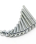 Sturdy Zinc Plated Furniture Connector Bolts Hex Flat Head Allen Screws M5 X 5 20 Pack arranged in a row on white background