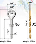 Diagram showing dimensions of Six Pack 1/4 Inch By 3 Inch Stainless Steel Eyebolts With Nuts And Washers Plus Drill Bit Included For Quick Rugged Lifting And Easy Rigging Built Tough With T316 Shoulder Ring.