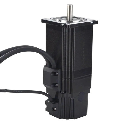 NEMA 23 closed-loop stepper motor with brake, black metal housing and top shaft, front view