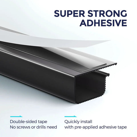Close-up of black under desk cable management kit showing strong adhesive for home and office use to keep cords neat, safe, and pet proof.