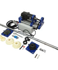 BREVELTION portable hole drilling machine with 55-200 mm bore, blue frame, long silver connecting bar and accessories