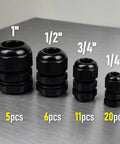 Assorted Nylon Cable Gland Kit With NPT Strain Relief, 42 Piece Black Cord Grip Glands, various sizes from 1/4 to 1 inch.