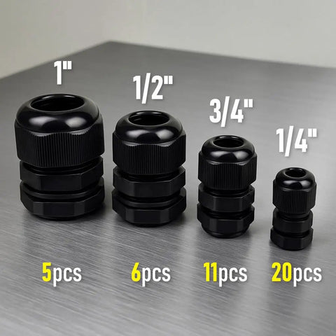 Assorted Nylon Cable Gland Kit With NPT Strain Relief, 42 Piece Black Cord Grip Glands, various sizes from 1/4 to 1 inch.