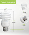 Compact CFL Light Bulbs T2 Spiral 23W 1520 Lumens Daylight 5000K E26 Base UL Listed 120V 8 Pack dimensions view