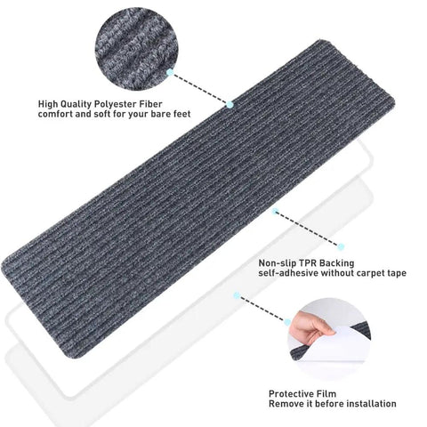 Grippy Anti Slip Stair Treads Indoor Carpet 8 By 30 Inches 15 Pack with non-slip TPR backing shown with protective film