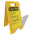 Blank Caution Folding Floor Sign 25 By 12 Inches Double Sided Dry Erase Plastic Sign With Built In Handle Write On Surface Grab And Go Portable Durable Great For Temporary Hazards And Safety Messages, yellow caution side with handwritten dry erase message