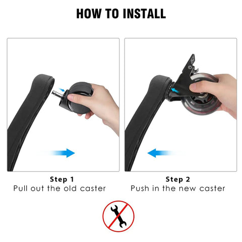 Instructional image showing installation steps for Smooth Rolling Office Chair Casters With 11mm Standard Stems Lockable Swivel Wheels.