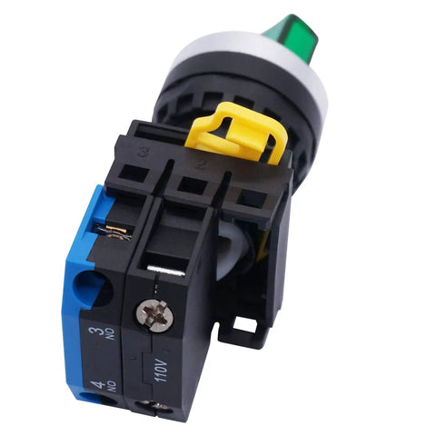 Side view of 22mm SPST 1NO Two Position Maintained Latching Rotary Selector Switch with Green LED Indicator 440V 10A