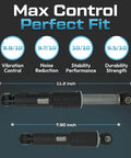 Front And Rear Shock Absorber Set For Samsung Washers Four Pack Replacement Parts With One Year Warranty Exact Fit DC66-00470C Front And DC66-00531B Rear Durable And Easy To Install, showing two measured absorbers, 11.2 and 7.9 inches, with vibration and noise ratings.