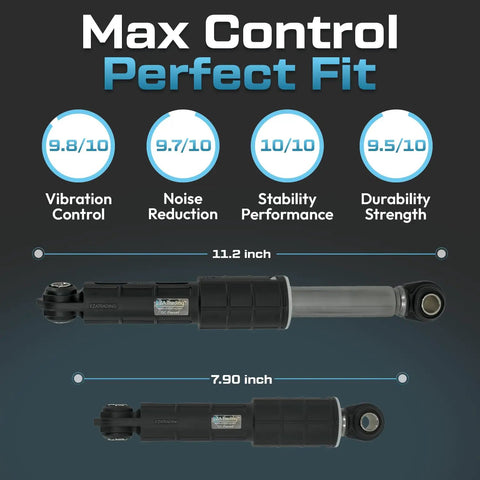 Front And Rear Shock Absorber Set For Samsung Washers Four Pack Replacement Parts With One Year Warranty Exact Fit DC66-00470C Front And DC66-00531B Rear Durable And Easy To Install, showing two measured absorbers, 11.2 and 7.9 inches, with vibration and noise ratings.