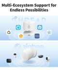 AI Powered 5 In 1 Presence Sensor With 60GHz MmWave And PIR Motion Detection Light Temperature And Humidity Thread And Zigbee Compatible shown with smart home ecosystem logos.