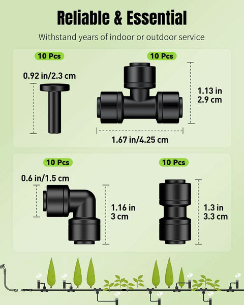 Diagram of Pawfly 40-piece quick-connect drip irrigation fittings kit for 1/4 in tubing; shows tees, elbows, couplings, end plugs.