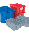 Heavy Duty Nest And Stack Plastic Storage Containers In Gray Built Tough For Daily Hauls and Worksite Organizing. Blue, red, and gray bins.