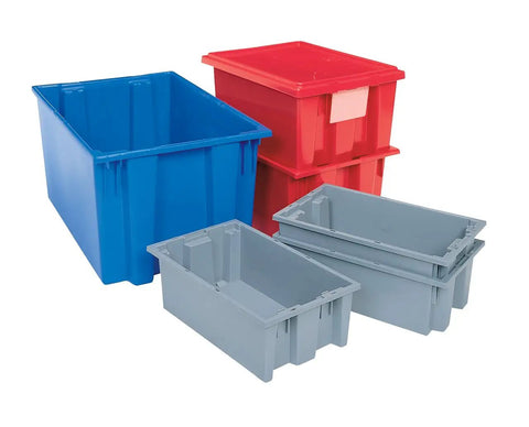 Heavy Duty Nest And Stack Plastic Storage Containers In Gray Built Tough For Daily Hauls and Worksite Organizing. Blue, red, and gray bins.