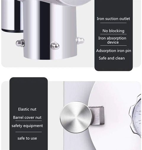 Close-up of iron suction outlet and barrel cover nut on electric grain grinder and pulverizer for kitchen milling high speed powder machine vertical pulverizer with digital thickness adjustment and stone grinding style for dried foods beans spices and cereal