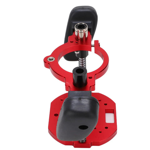 Adjustable Aluminum Router Lift System With Stainless Steel Support Rods For Built Like A Tank Durability And Smooth Vertical Depth Adjustment heavy-duty lift components in red and black.