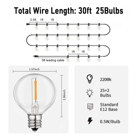 Diagram of Outdoor Led String Lights 30Ft With 27 G40 Shatterproof Bulbs, detailing measurements and bulb specifications.