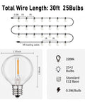 Diagram showing Outdoor String Lights 30 Feet With Remote Dimmable; includes bulb dimensions and specifications with 25 E12 bulbs.