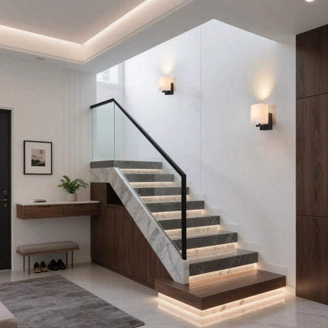 AuroraSpher Indoor Hardwired Modern Milky White Acrylic Black Wall Sconce illuminating a stylish staircase with marble accents.