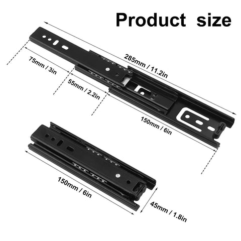 Eight Pairs Top Shelf Black Drawer Slides Full Extension Side Mount Ball Bearing Telescopic Slider Built Like A Tank Cabinet Hardware 285mm and 150mm lengths.
