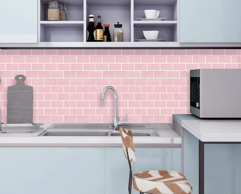 Modern kitchen with Pink Subway Tile Peel And Stick Backsplash Kit 10 Premium Self Adhesive Tiles visible behind sink and cabinets.