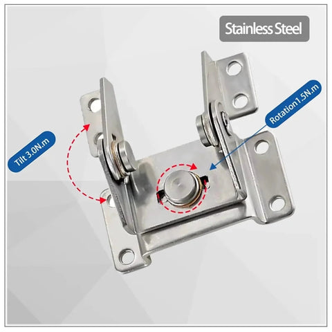 Stainless steel dual-axis hinge with damping; two mounting plates and central damped knob for 60-degree rotation