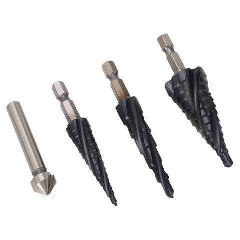 Heavy Duty Step Drill Bits With 4 Spiral Flutes Made From M35 Cobalt for Smoother Drilling In Metal Wood And Plastic With Quick Size Removal For Stainless Steel And Aluminum Jobs, 1/4-inch shank set