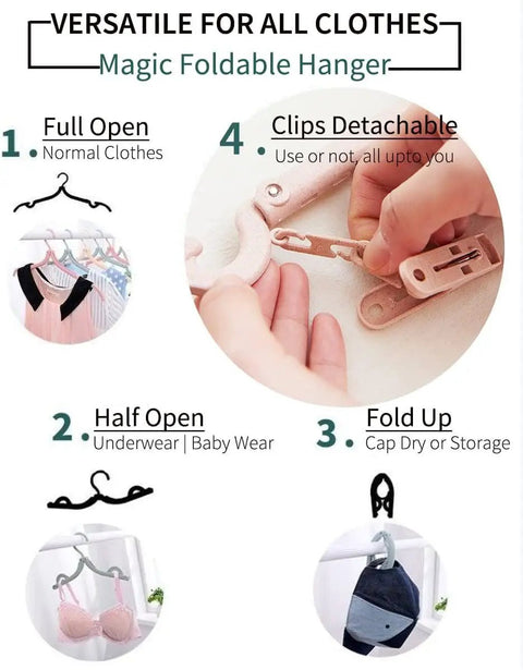 Diagram showing Travel Portable Foldable Clothes Hanger Kit With Clips Lightweight Plastic Drying Rack versatility