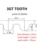3GT tooth profile diagram showing dimensions for Heavy Duty GT3 3MGT Rubber Timing Belt With 3MM To 20MM Width Options.
