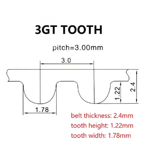 3GT tooth profile diagram showing dimensions for Heavy Duty GT3 3MGT Rubber Timing Belt With 3MM To 20MM Width Options.