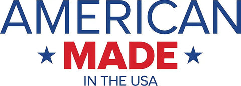 Graphic text reading 'American Made in the USA' in red and blue, emphasizing domestic production.