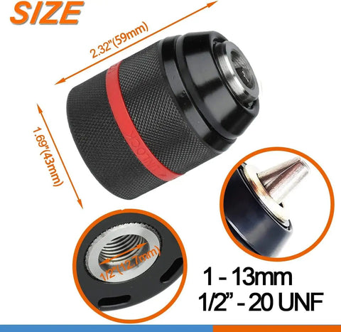 Close-up of Keyless Drill Chuck Set Heavy Duty Pro Grade One Half Inch 20UNF with size dimensions and specifications visible.
