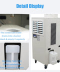 Detail display of Heavy Duty 220 Volt Industrial Portable Air Conditioner showing 14L water tank and drainage feature.