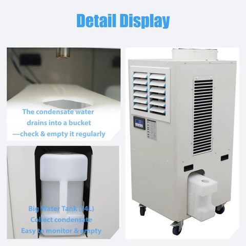 Detail display of Heavy Duty 220 Volt Industrial Portable Air Conditioner showing 14L water tank and drainage feature.
