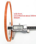 Two 13 1/4 Inch Motor Lug Belts For Sewing Machines, Replacement Belts 1314L MB340, 340mm Circumference, Fits Kenmore, Singer, White Brand Machines, Great For DIYers And Pros. Orange 6mm sewing machine motor lug belt shown with 340mm measurement