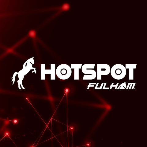 Hotspot Fulham logo on red background with abstract lines and nodes