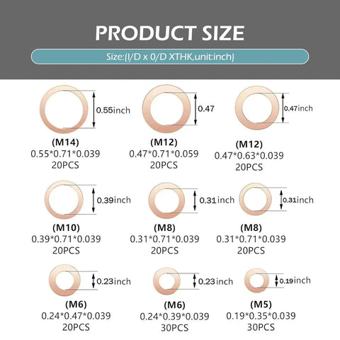 Copper Crush O Ring Washers Set 200 Pcs Metric M5 M6 M8 M10 M12 M14 sizes shown with dimensions and quantities