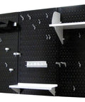 Garage Ready Heavy Duty 4 Ft Metal Pegboard Organizer Kit with black toolboard and white accessories mounted for storage.