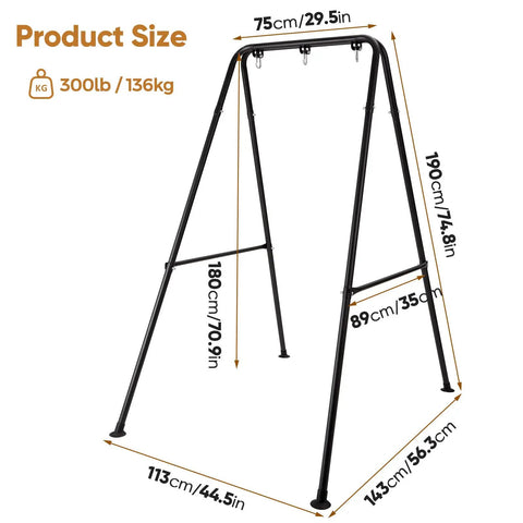 Heavy Duty Foldable Hammock Chair Stand With 300 Lb Capacity, dimensions 113x143x180 cm, sturdy iron frame, suitable for indoor outdoor use.