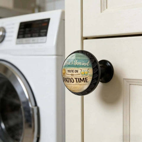 Relax And Unwind Patio Sign Cabinet Knobs 4 Pack Acrylic Round Drawer Pulls on cream cupboard near washer