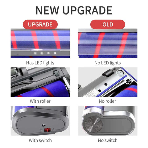 Comparison of upgraded and old Floor Head Soft Roller Brush For Dyson V7 V8 V10 V11 V15 Cordless Vacuums showing LED lights