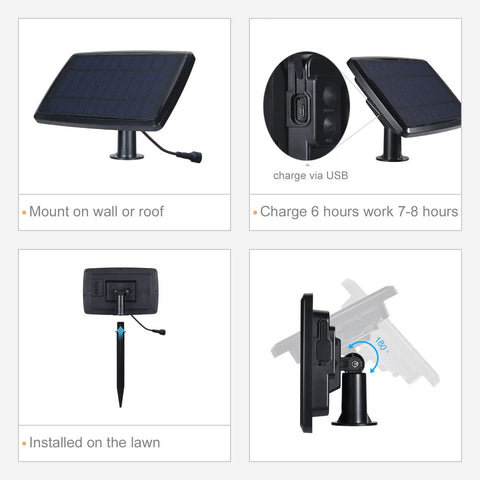 Solar panel and USB port for 68Ft Solar Outdoor String Lights With USB Backup, Go To Commercial Grade Weatherproof LED Bulbs