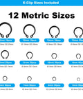 Industrial Grade Black Carbon Steel C Clips And E Clips Kit With 840 Pieces External Retaining Snap Rings For Automotive, Machinery, And Home Repairs Built Tough For Heavy Duty Vibration, Heat, And Corrosion Resistance. 12 metric E-clip sizes